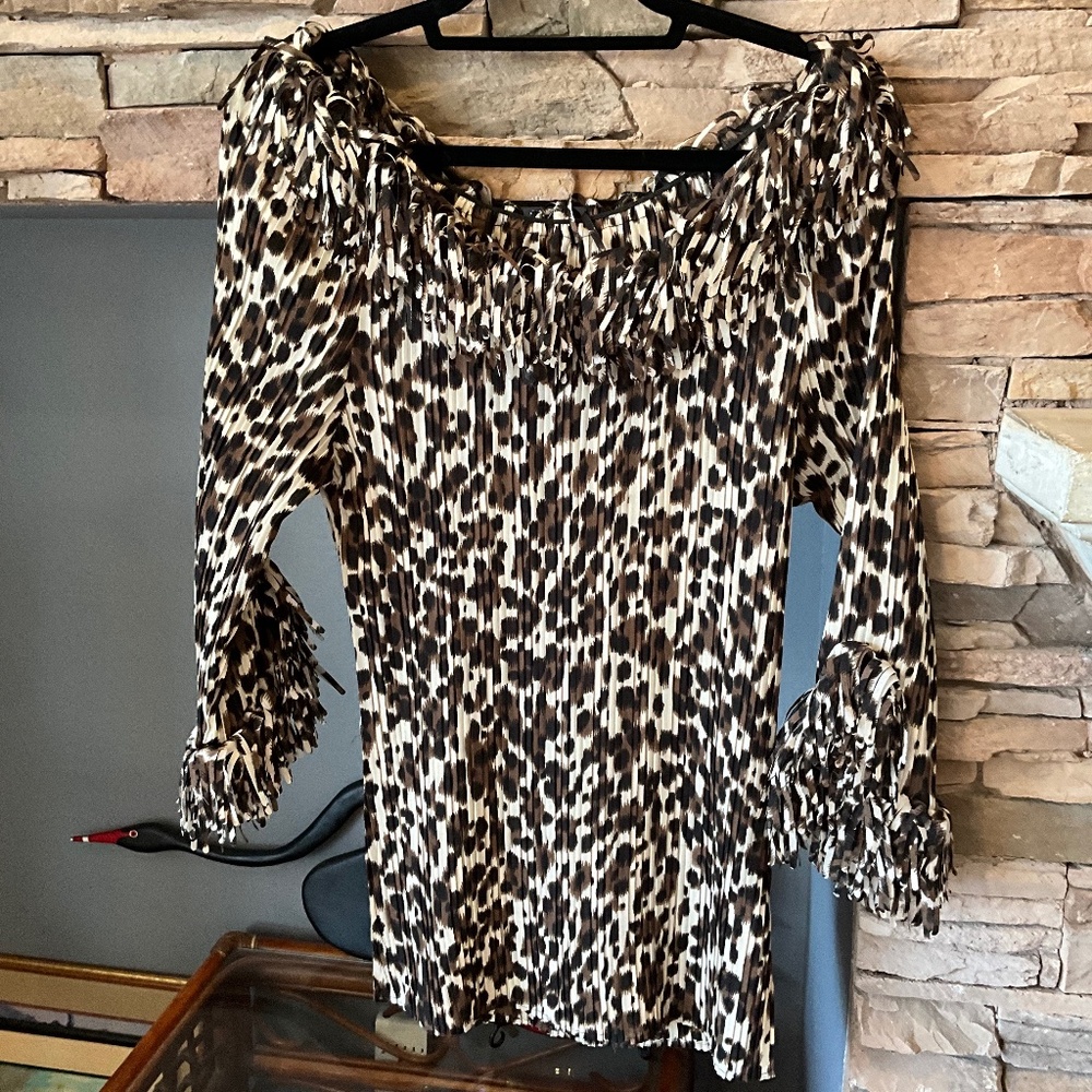AGORA XL LEOPARD PRINT FRINGE POPOVER CRINKLE STRETCH 3/4 SLEEVE TOP BLOUSE